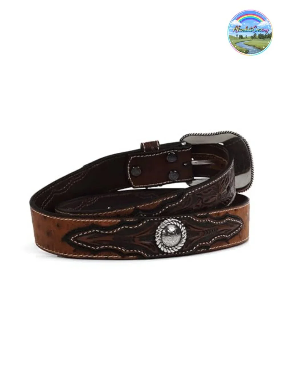 Faux Ostrich Leather Western Belt with Floral Emboss and Silver Conchos